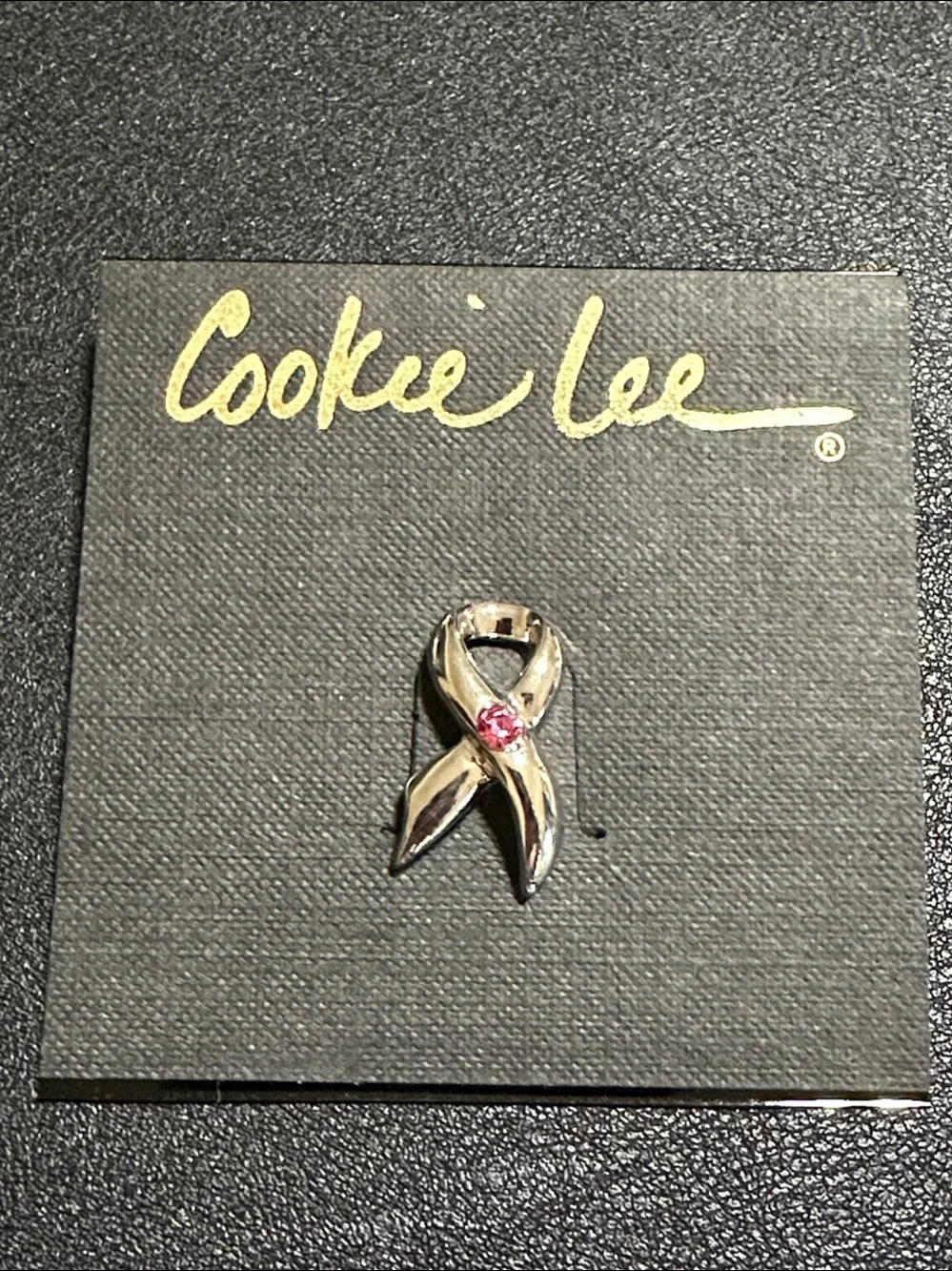 Cookie Lee Silver Tone Ribbon Pink Crystal Lapel Tie Tack